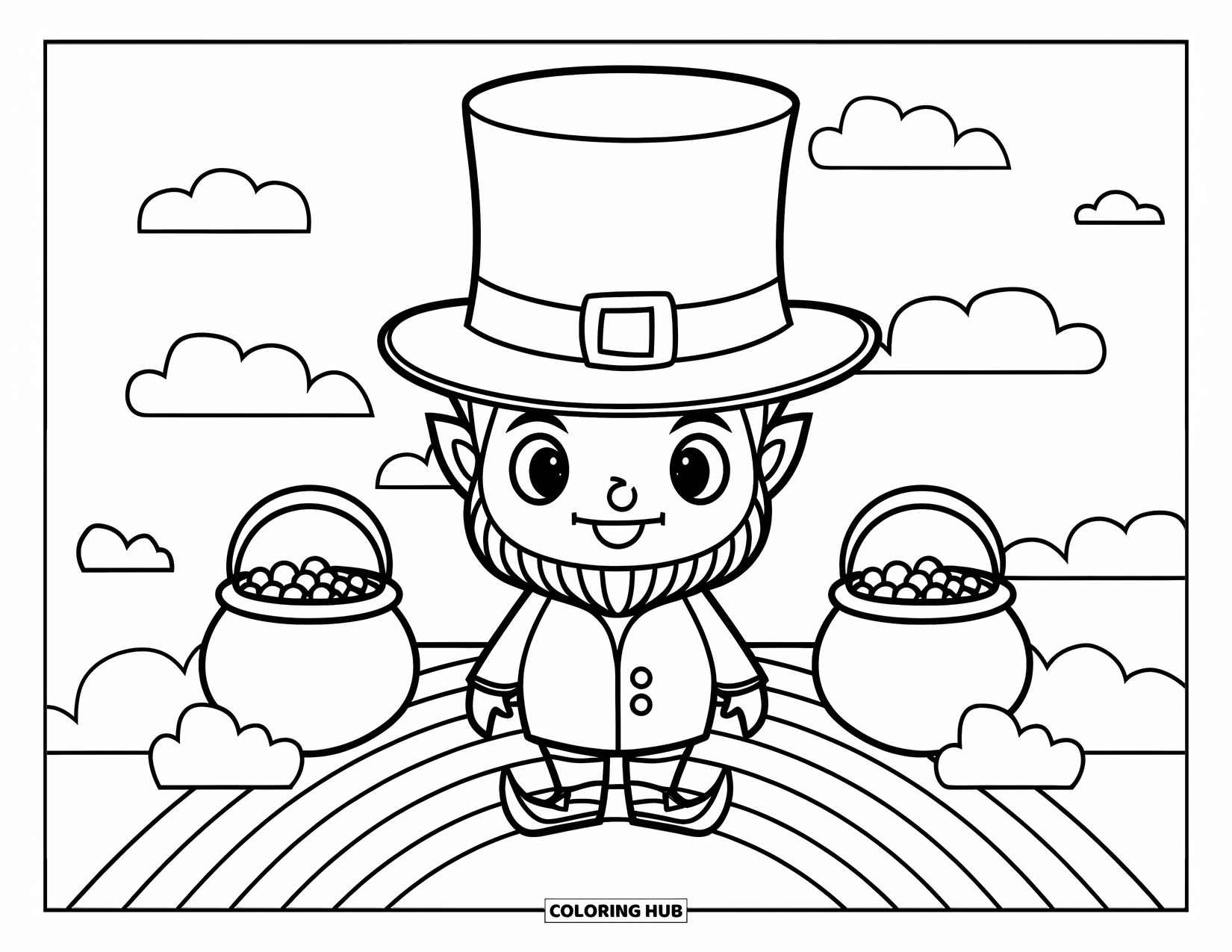Leprechaun Coloring Page for Kids: A leprechaun with big hat on rainbow with pots of gold