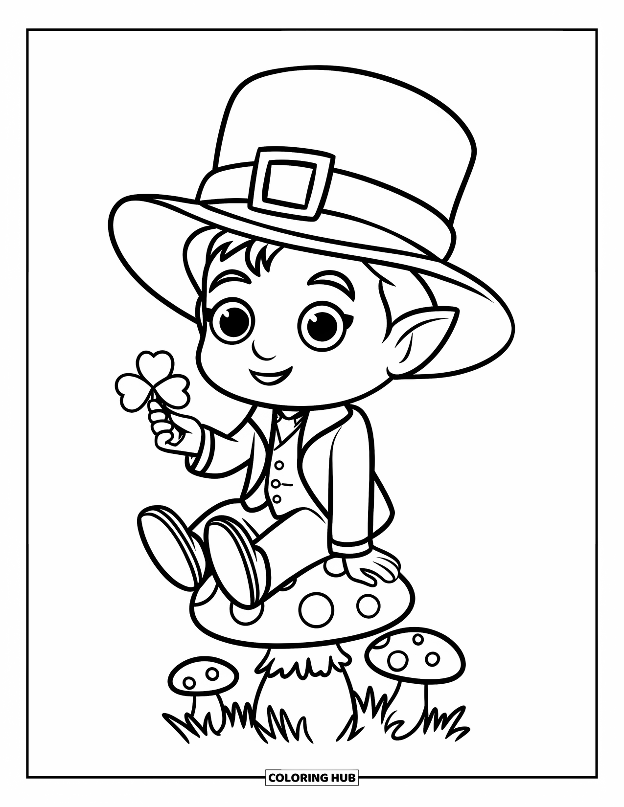 Leprechaun Coloring Page for Kids: A leprechaun with clover sitting on a mushroom in a field