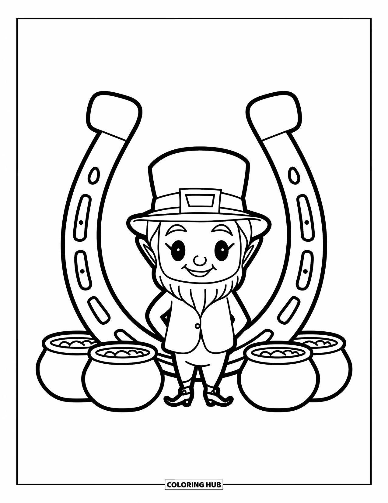 Leprechaun Coloring Page for Kids: A leprechaun with horseshoe above head and gold pots