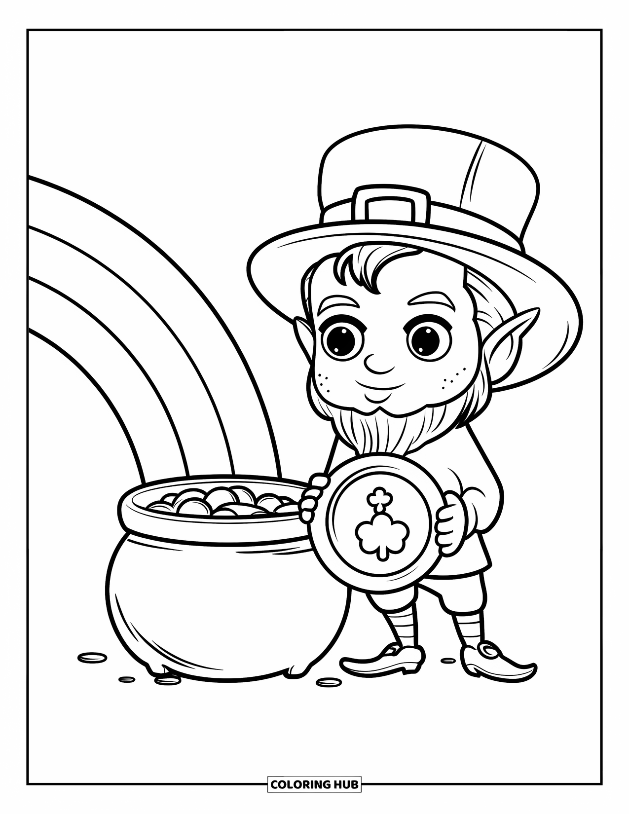 Leprechaun Coloring Page for Kids: A leprechaun with large coin and pot of gold under rainbow