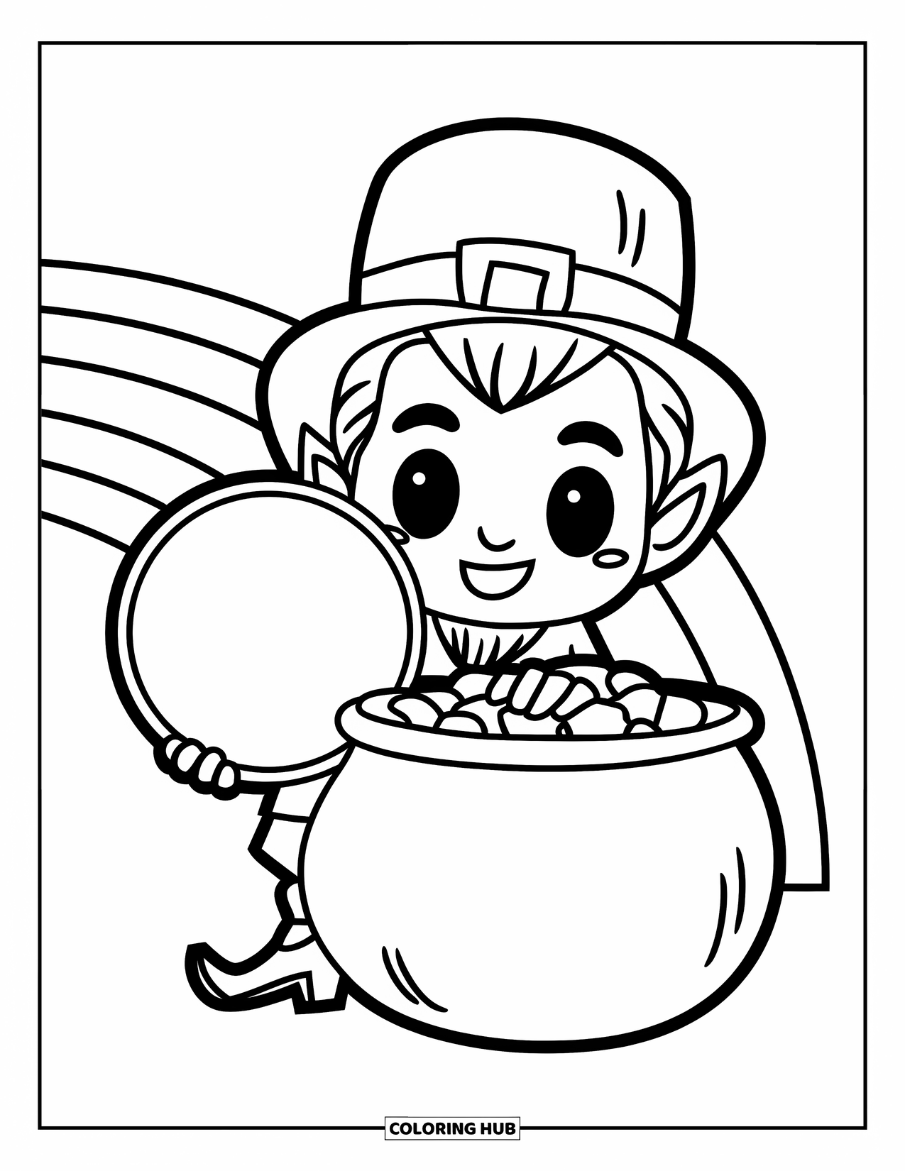 Leprechaun Coloring Page for Kids: A leprechaun with large coin beside pot of gold and rainbow