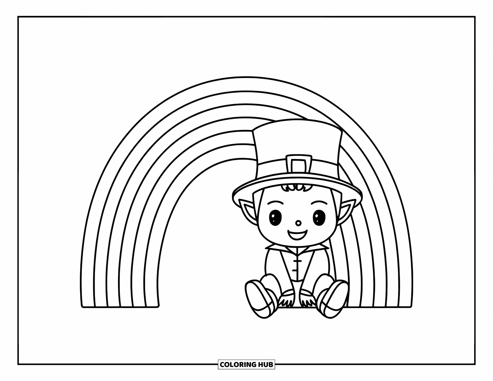 Leprechaun Coloring Page for Kids: A leprechaun with red outfit sitting under a rainbow arch