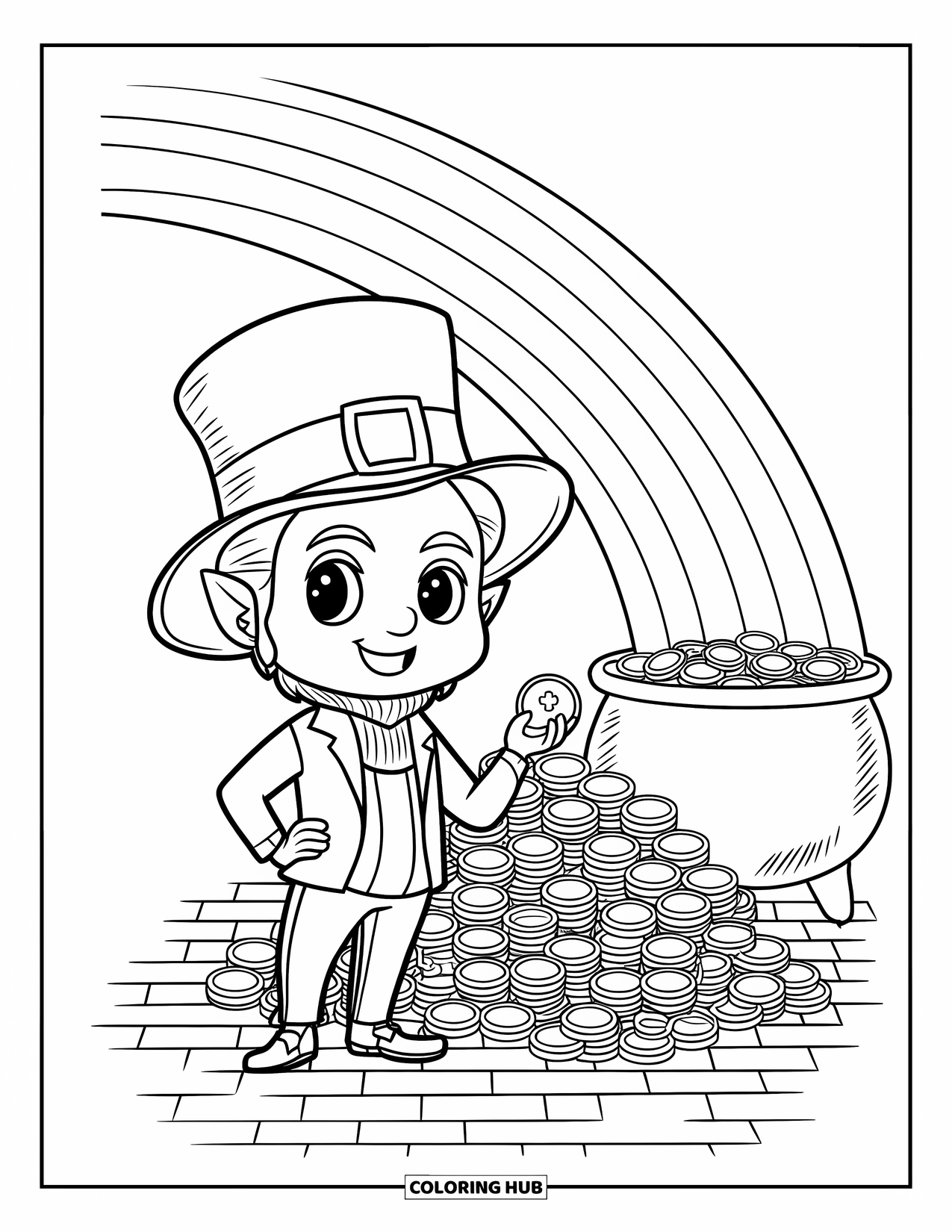 Leprechaun Coloring Page for Kids: A leprechaun with striped shirt and gold pile under rainbow