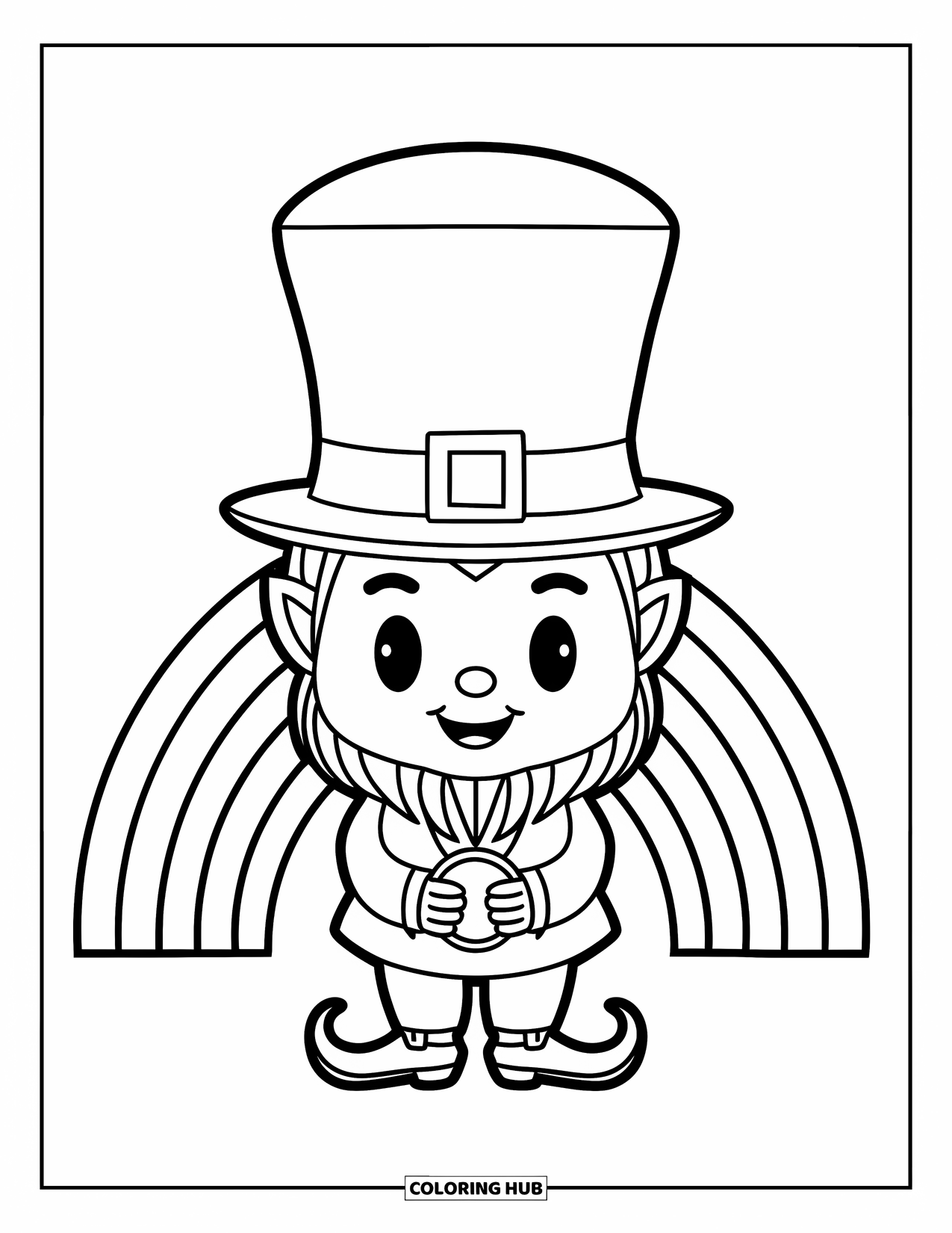 Leprechaun Coloring Page for Kids: A leprechaun with tall hat holding a coin under rainbow