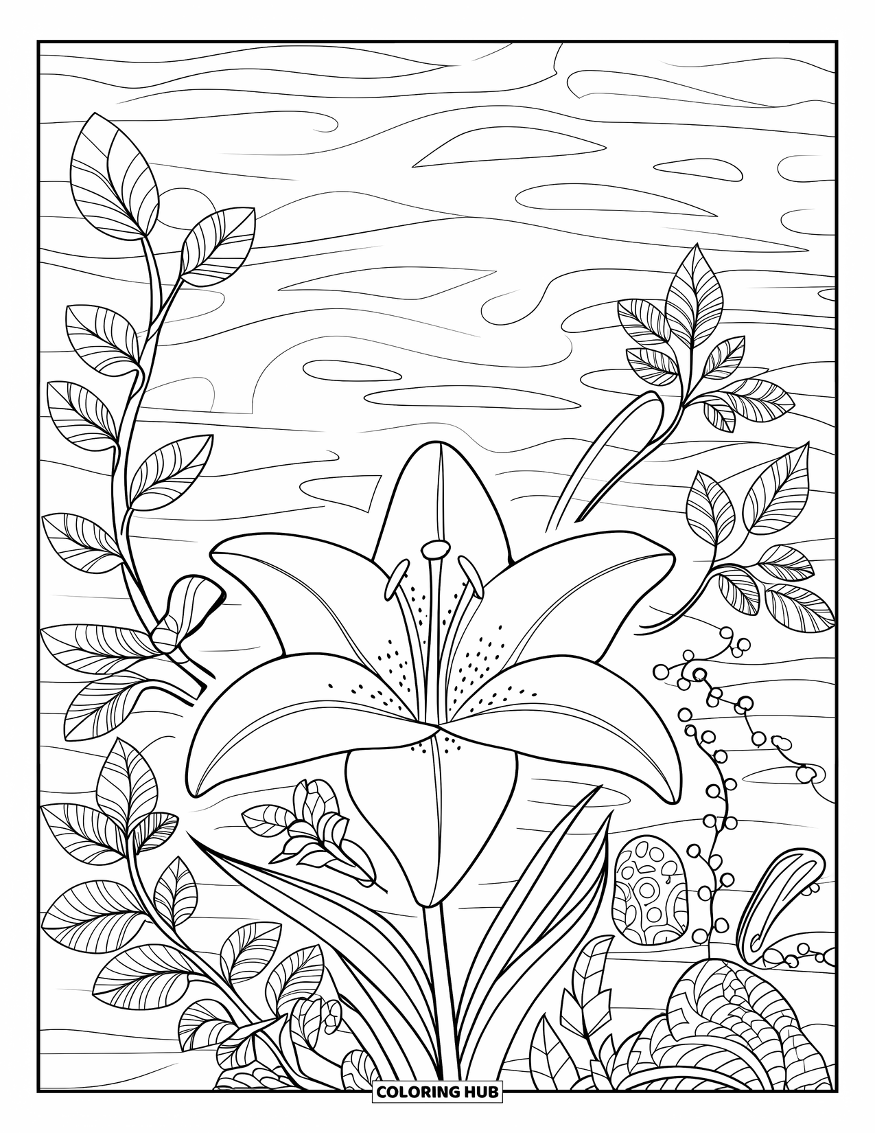 Lily Coloring Page for Adults: A big lily bloom sits at the center of swirling leaves and vines