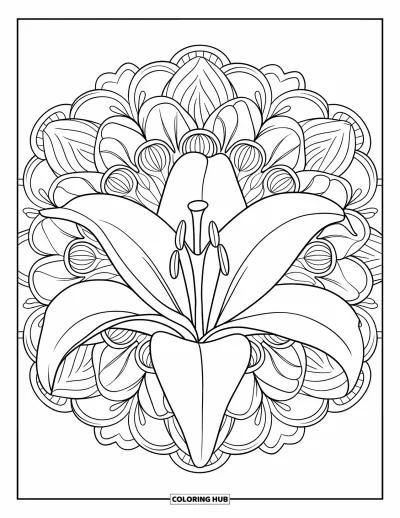 Lilien-Ausmalbild für Erwachsene: Eine kräftige Lilienblüte sticht in einem Blumenmandala mit Blättern und Blüten hervor