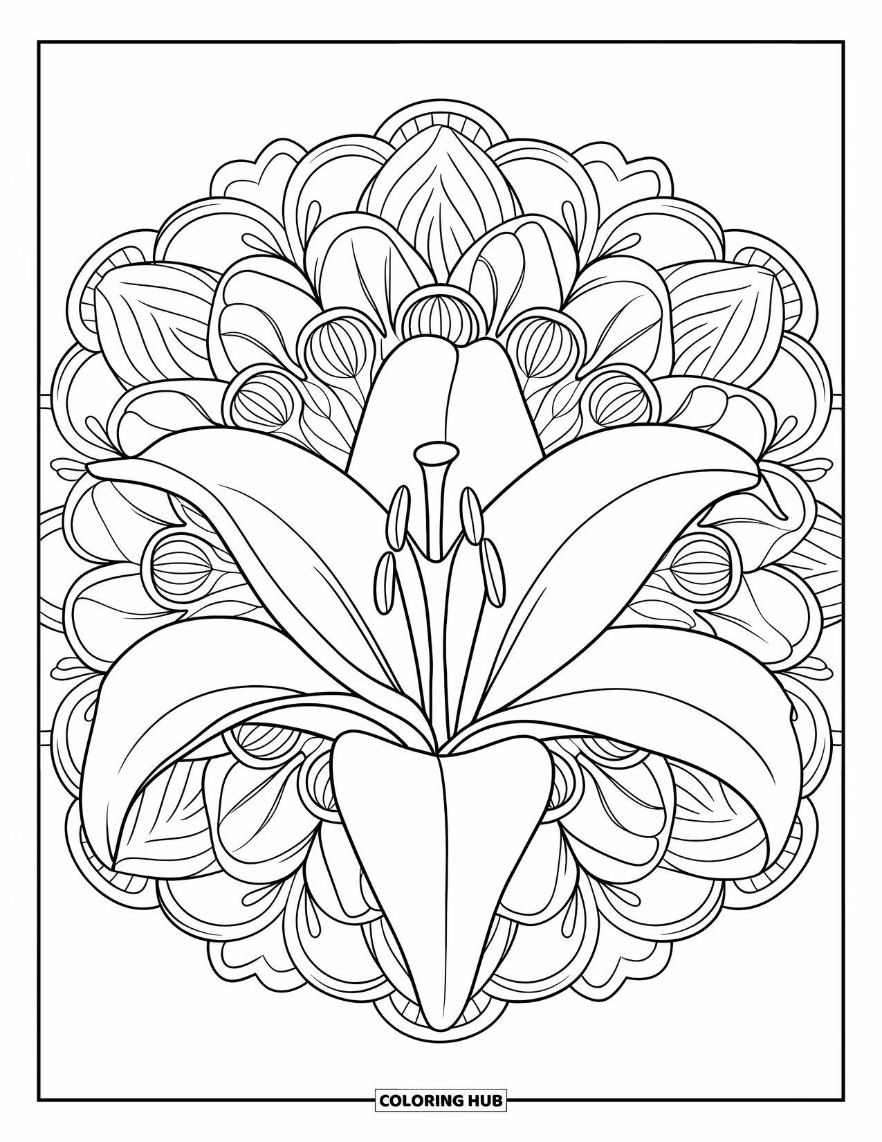 Lily Coloring Page for Adults: A bold lily bloom stands out in a floral mandala filled with leaves and flowers