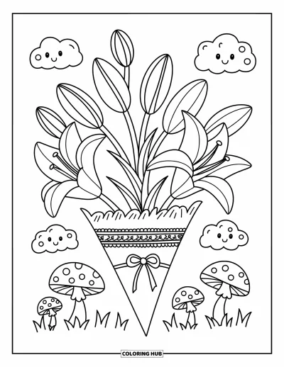 Lilien-Ausmalbild für Erwachsene: Ein Bündel Lilien lugt aus einer Papiertüte, umgeben von Pilzen und Wolken