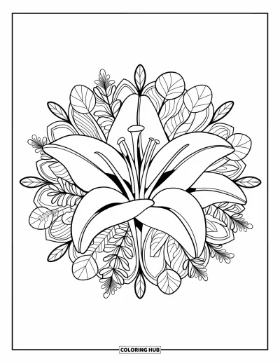 Lilien-Ausmalbild für Erwachsene: Eine zentrale Lilienblüte erblüht in einem ganzseitigen Mandala aus Blättern und Ranken