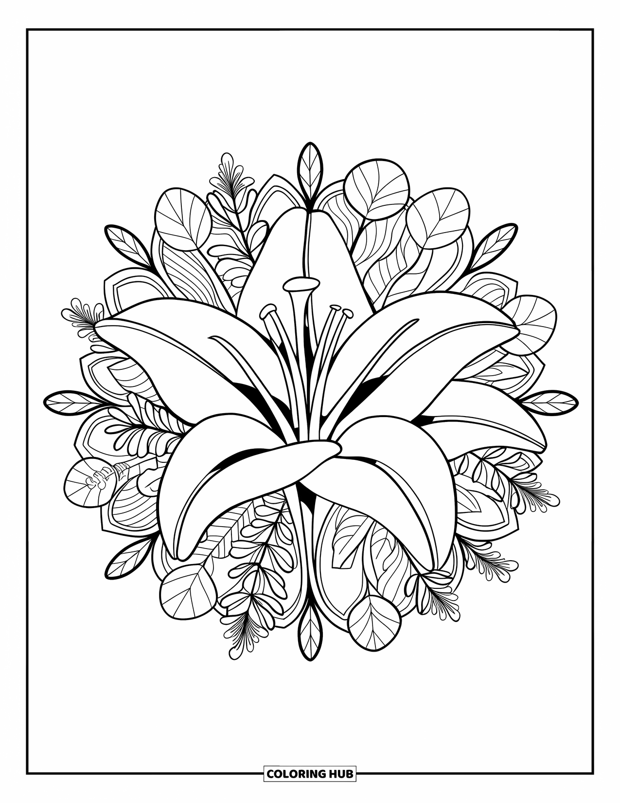 Lily Coloring Page for Adults: A central lily flower blooms within a full-page mandala of leaves and vines