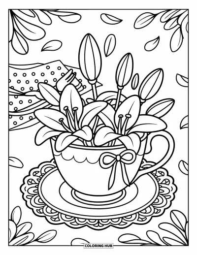 Lilien-Ausmalbild für Erwachsene: Eine Deckchen-Tasse quillt über vor Lilien neben Gabel, Löffel und verstreuten Blütenblättern