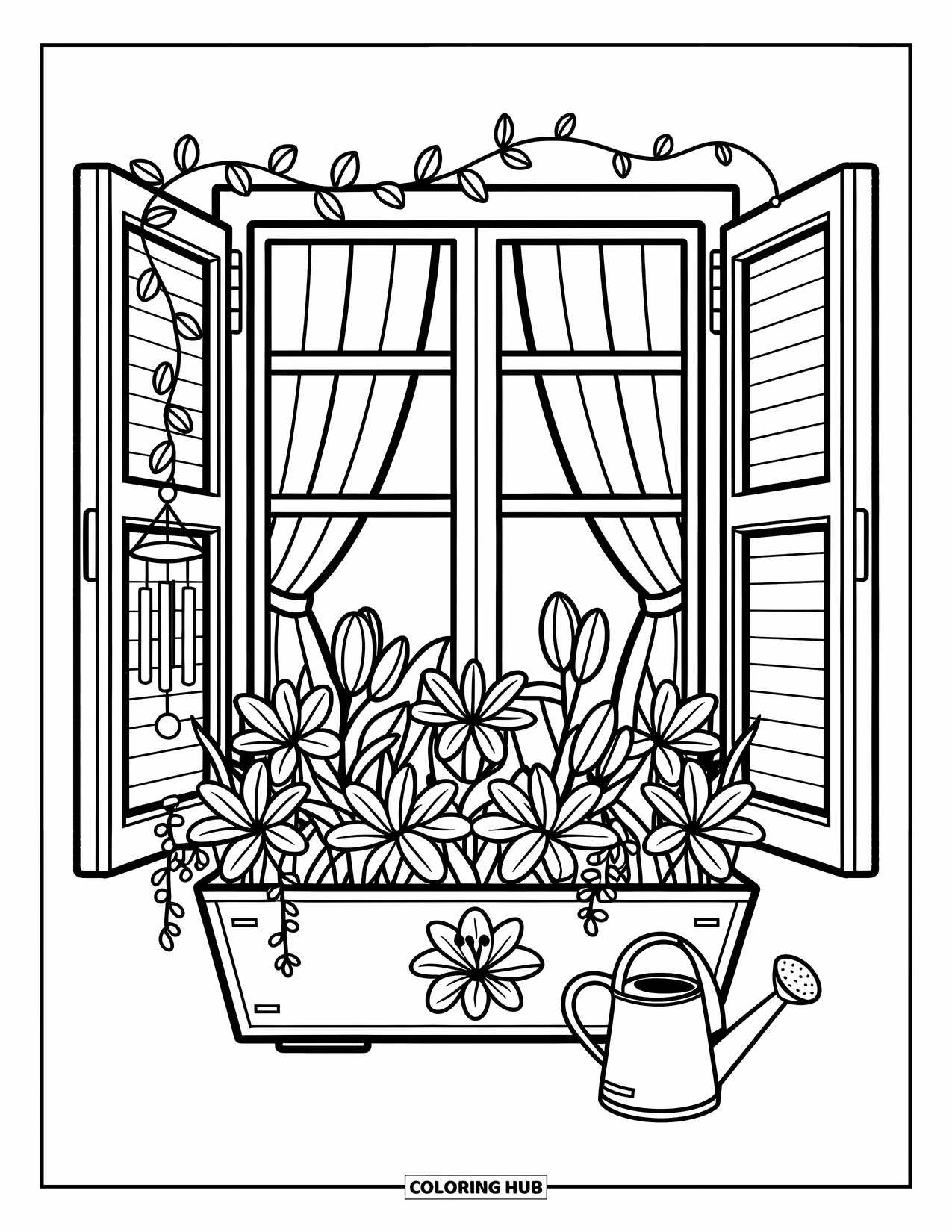 Lily Coloring Page for Adults: A flower-filled windowsill scene features striped shutters, a wind chime, and climbing lily vines
