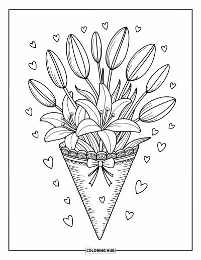 Lilien-Ausmalbild für Erwachsene: Ein spitzenumwickelter Lilienstrauß ist mit Herzen, Sternen und verspielten Doodles verziert