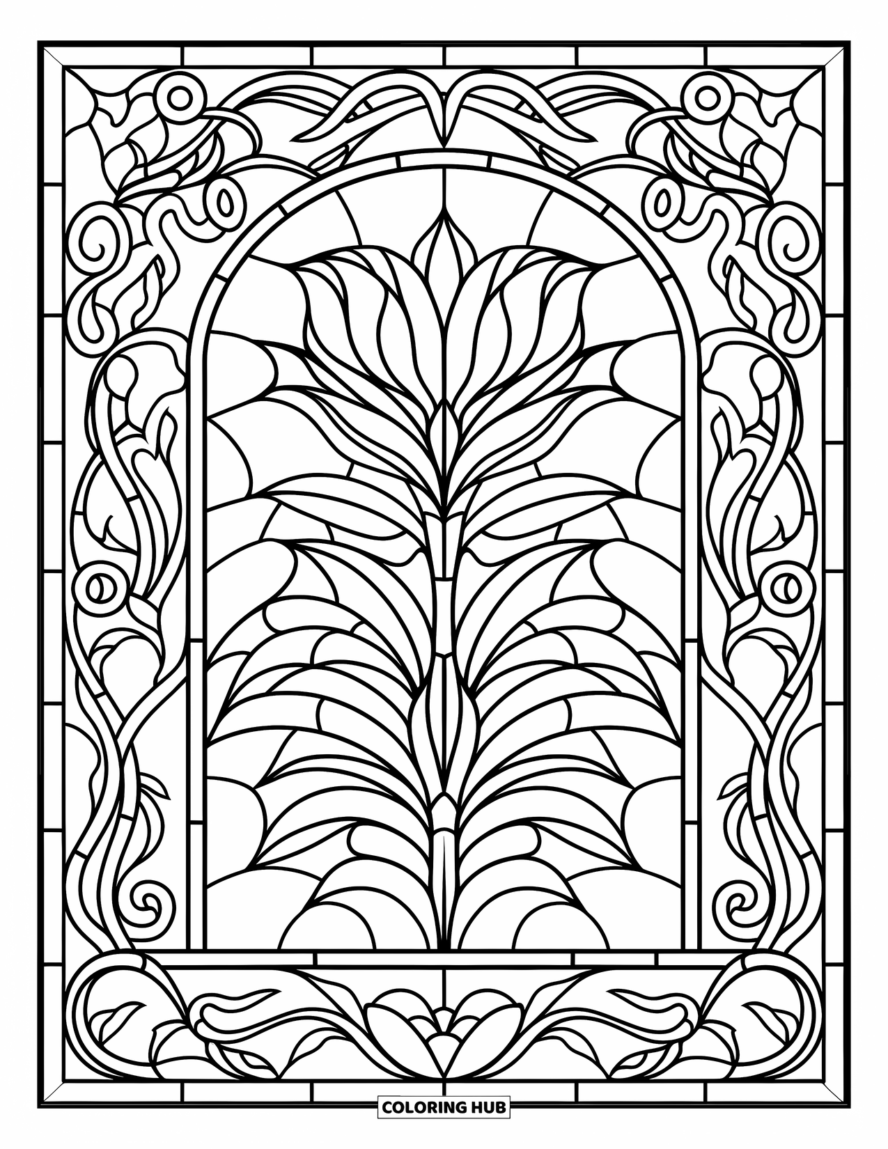 Lily Coloring Page for Adults: A large lily stands at the center of a leafy stained-glass border design