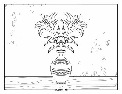 Lilien-Ausmalbild für Erwachsene: Zwei Lilien wachsen aus einer dekorativen Vase auf einer Holzfläche