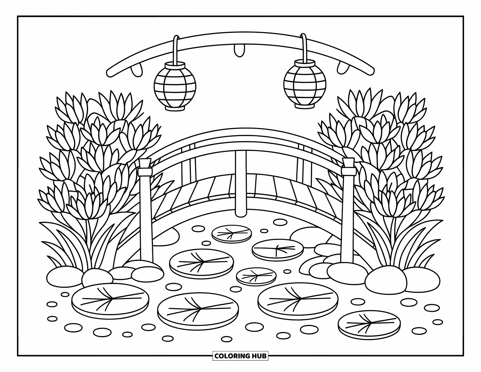 Lily Coloring Page for Adults: A quaint bridge spans a stream with lilies and lanterns in a cute, playful scene