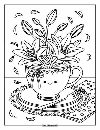 Lilien-Ausmalbild für Erwachsene: Eine mit Schleife gebundene Tasse quillt über vor Lilien und Knospen neben einer gemütlichen Serviette und einem Löffel
