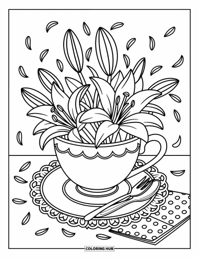 Lilien-Ausmalbild für Erwachsene: Eine geschwungene Teetasse quillt über vor Lilien neben Löffel, Gabel und eingerollten Blättern