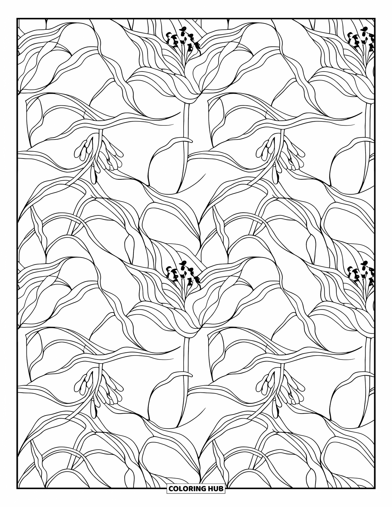 Lily Coloring Page for Adults: A seamless lily pattern twists with vines and leaves across a full-frame layout