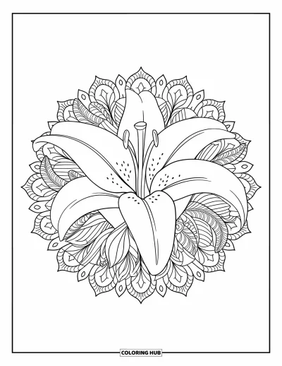 Lilien-Ausmalbild für Erwachsene: Eine einzelne Lilienblüte ist von einem detailreichen botanischen Mandala umgeben