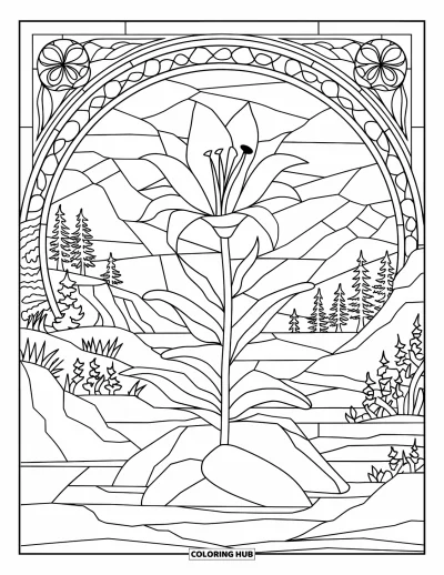 Lilien-Ausmalbild für Erwachsene: Eine einzelne Lilie auf einem Felsen ist von einem malerischen Blick auf Bäume und Berge eingerahmt