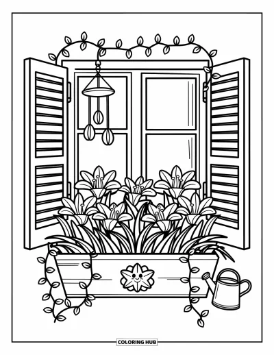 Lilien-Ausmalbild für Erwachsene: Ein Blumenkasten an einem Fenster mit Fensterläden ist voll Lilien und kletternden Ranken