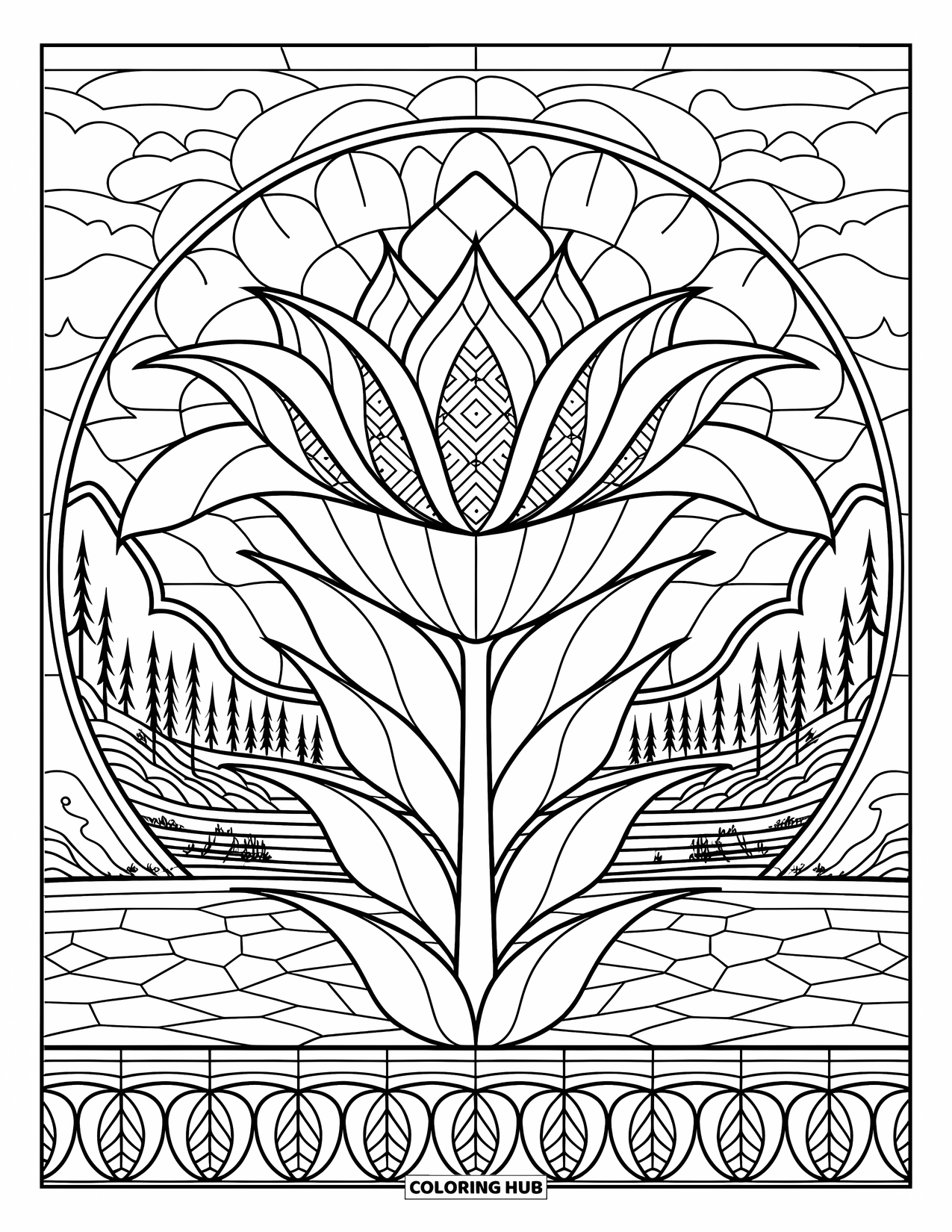 Lily Coloring Page for Adults: A textured lily design fills a stained-glass-style frame with a calm nature scene