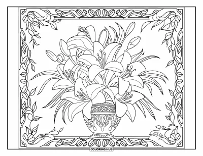 Lilien-Ausmalbild für Erwachsene: Eine Vintage-Vase hält einen Lilienstrauß, eingerahmt von Blättern und floralen Bordüren