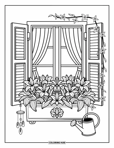 Lilien-Ausmalbild für Erwachsene: Ein Fensterbrett-Blumenkasten strotzt vor Lilien, Ranken und einem Windspiel in der Ecke