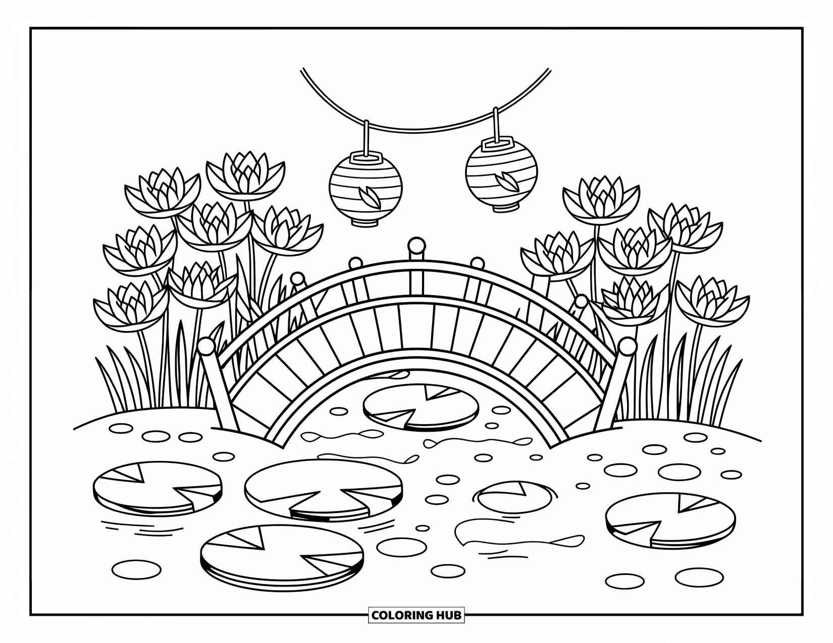 Lily Coloring Page for Adults: A wooden bridge arches over a lily-filled stream with paper lanterns hanging from the rail