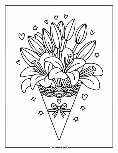 Lilien-Ausmalbild für Erwachsene: Ein eingewickelter Lilienstrauß lugt aus einer Tüte mit Spitzenmustern und einer kleinen Schleife hervor