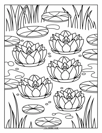 Lilien-Ausmalbild für Erwachsene: Schwimmende Laternen in Lilienform flackern auf einem stimmungsvollen Teich mit Seerosenblättern