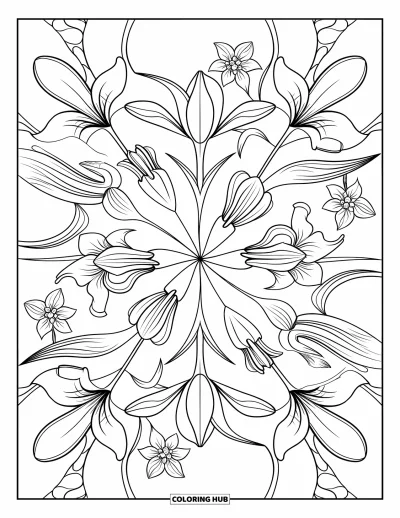 Lilien-Ausmalbild für Erwachsene: Große und kleine Lilien schwingen in einem spiralförmigen Blumenmuster nach außen