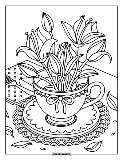 Lilien-Ausmalbild für Erwachsene: Lilien blühen aus einer Tasse mit Schleife, umgeben von Servietten, Blütenblättern und liebevollen Doodles