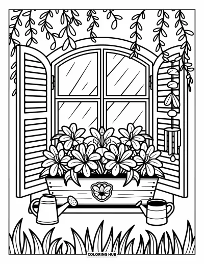 Lilien-Ausmalbild für Erwachsene: Lilien blühen in einem Blumenkasten unter einem gemütlichen Fenster, eine Gießkanne steht daneben