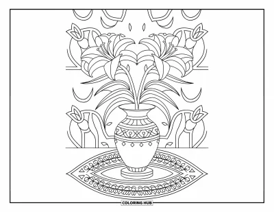 Lilien-Ausmalbild für Erwachsene: Lilien in einer edlen Vase ruhen auf einem Teppich vor einem blattreichen Blumenhintergrund