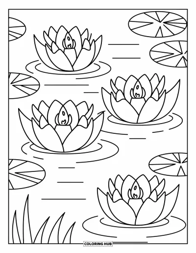 Lilien-Ausmalbild für Erwachsene: Lilien-Laternen treiben auf einem friedlichen Teich, umgeben von plätscherndem Wasser und Seerosenblättern