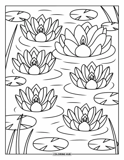 Lilien-Ausmalbild für Erwachsene: Lilienförmige Laternen treiben ruhig über einen gekräuselten Teich mit weichen Kurven und niedlichen Doodles
