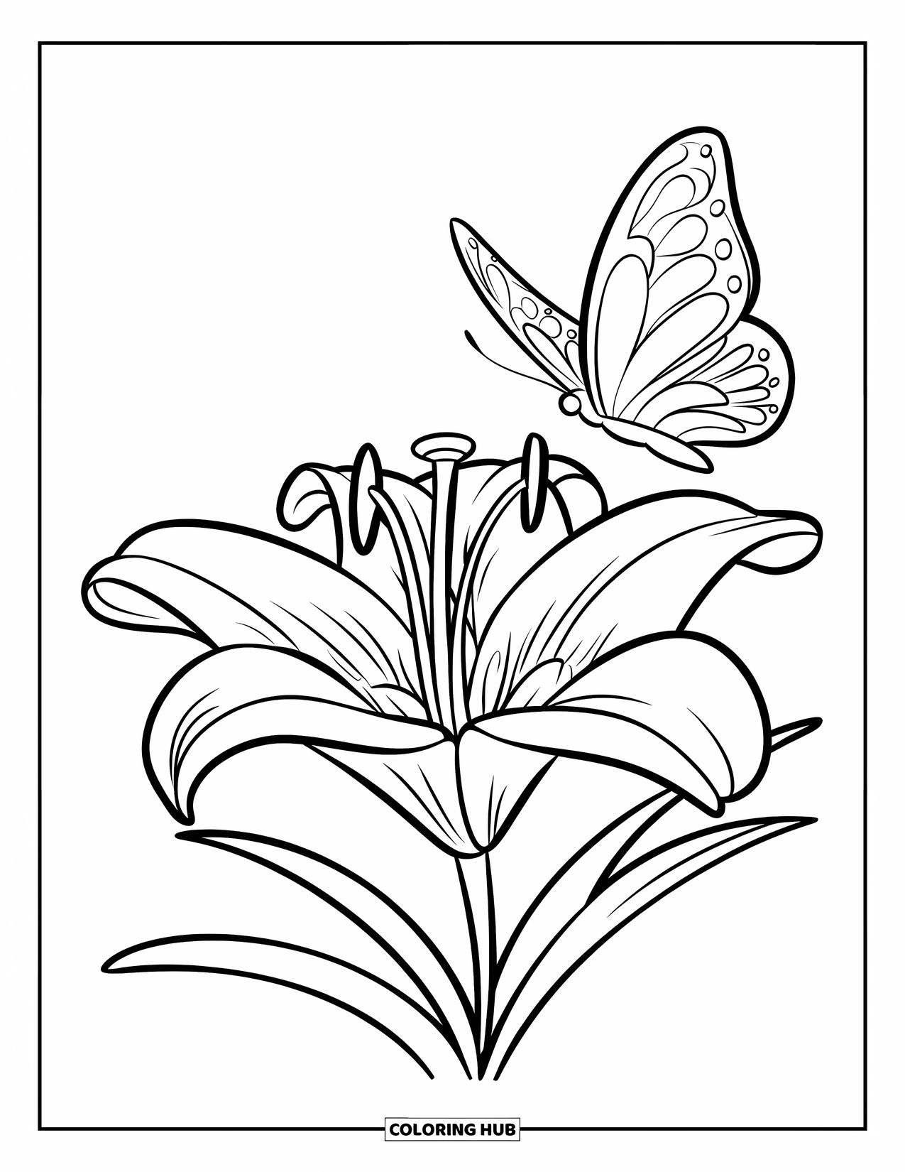 Lily Coloring Page for Kids: A cheerful lily and butterfly pair sit against a white background