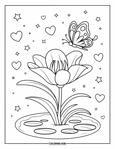 Lilien-Ausmalbild für Kinder: Eine Lilie blüht in einem Teich, während ein Schmetterling in der Nähe flattert