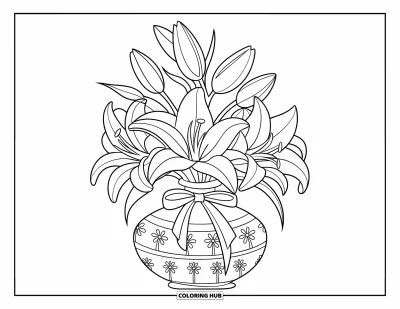 Lilien-Ausmalbild für Kinder: Ein Lilienstrauß in einer blumengemusterten Vase ruht auf einer schlichten Fläche