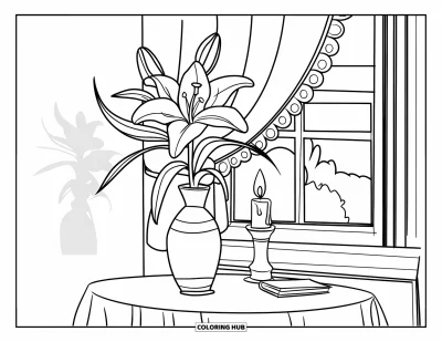 Lilien-Ausmalbild für Kinder: Eine Lilie, eine Kerze und ein Buch ruhen auf einem Tisch neben einem Fenster