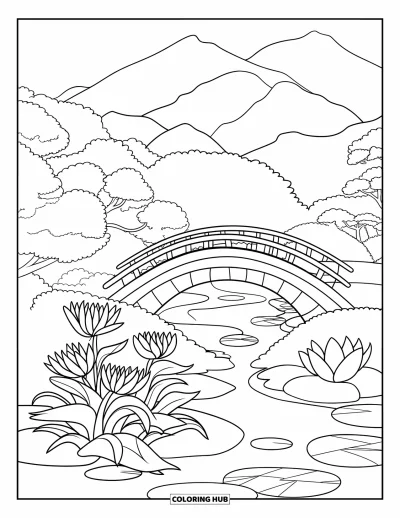 Lilien-Ausmalbild für Kinder: Ein Liliengarten blüht neben einer Brücke im japanischen Stil und einem Bach