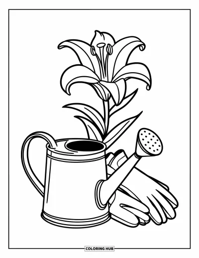 Lilien-Ausmalbild für Kinder: Eine Lilie, Gartenhandschuhe und eine Gießkanne stehen nebeneinander
