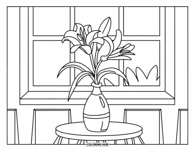 Lilien-Ausmalbild für Kinder: Eine Lilie in einer Vase steht auf einem Tisch neben einem Fenster