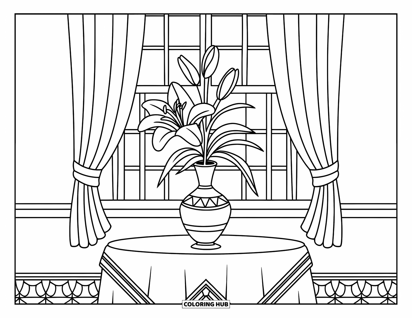 Lily Coloring Page for Kids: A lily vase rests on a table with curtains and a patterned floor