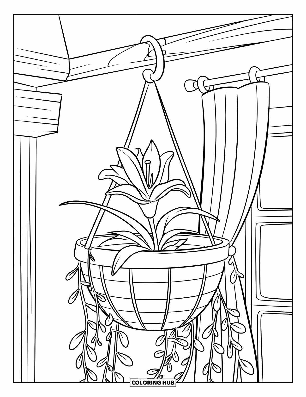 Lily Coloring Page for Kids: A lily with roots hangs in a basket on a simple support