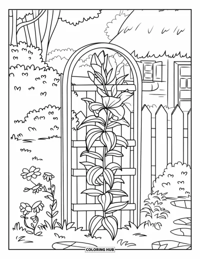 Lilien-Ausmalbild für Kinder: Ein mit Lilienranken bedecktes Rankgitter steht neben einem Haus und Garten