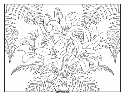 Lilien-Ausmalbild für Kinder: Eine Vase hält einen Strauß Lilien und Farne mit klaren, kräftigen Linien