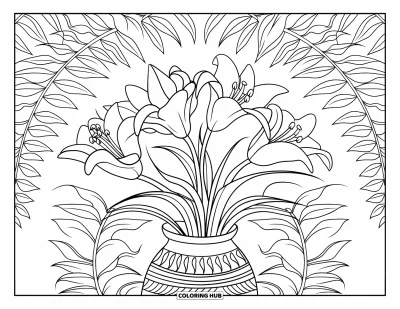 Lilien-Ausmalbild für Kinder: Vier blühende Lilien stehen in einer gemusterten Vase zwischen Farnblättern